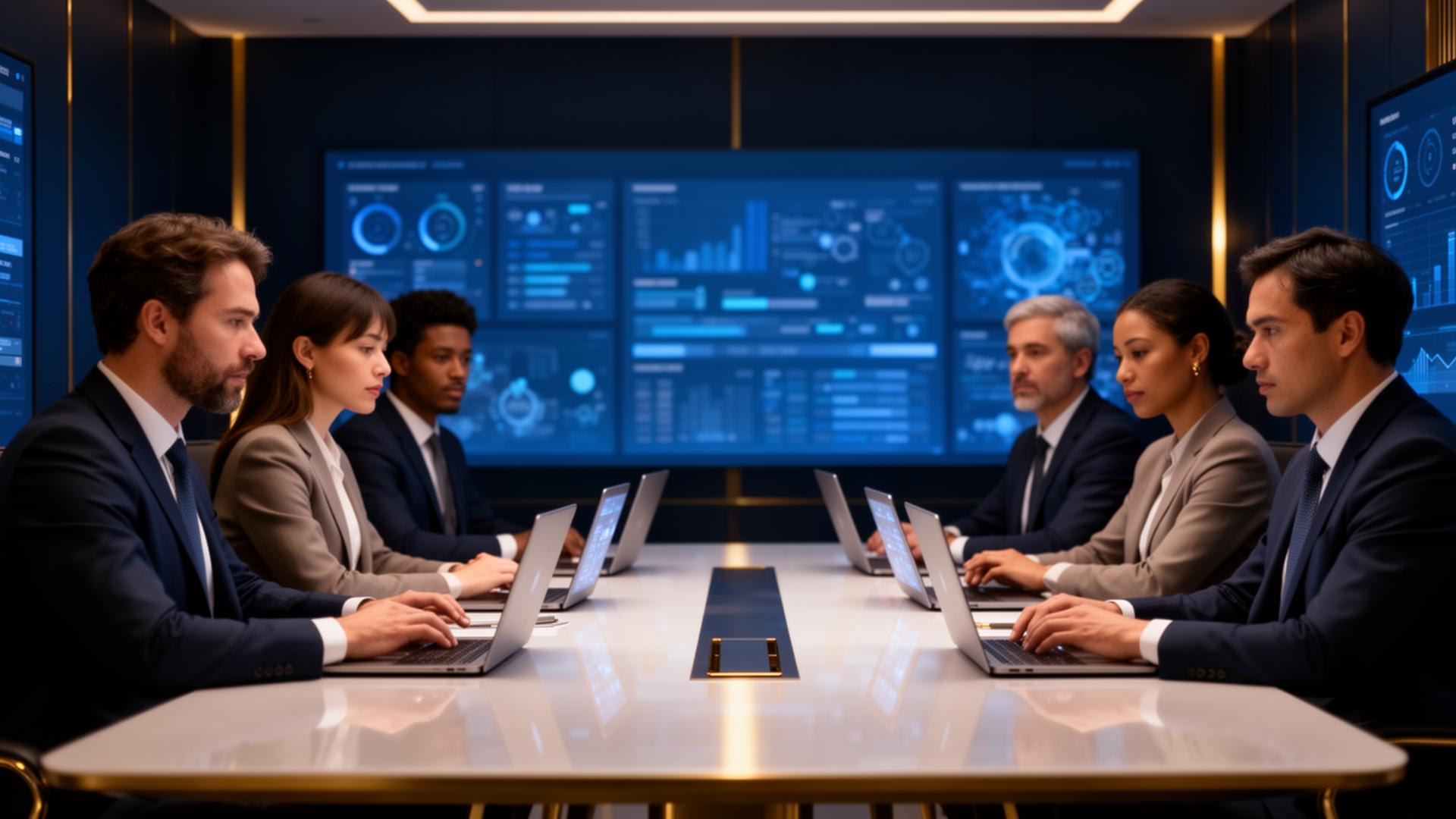 Project managers collaborating with AI dashboards