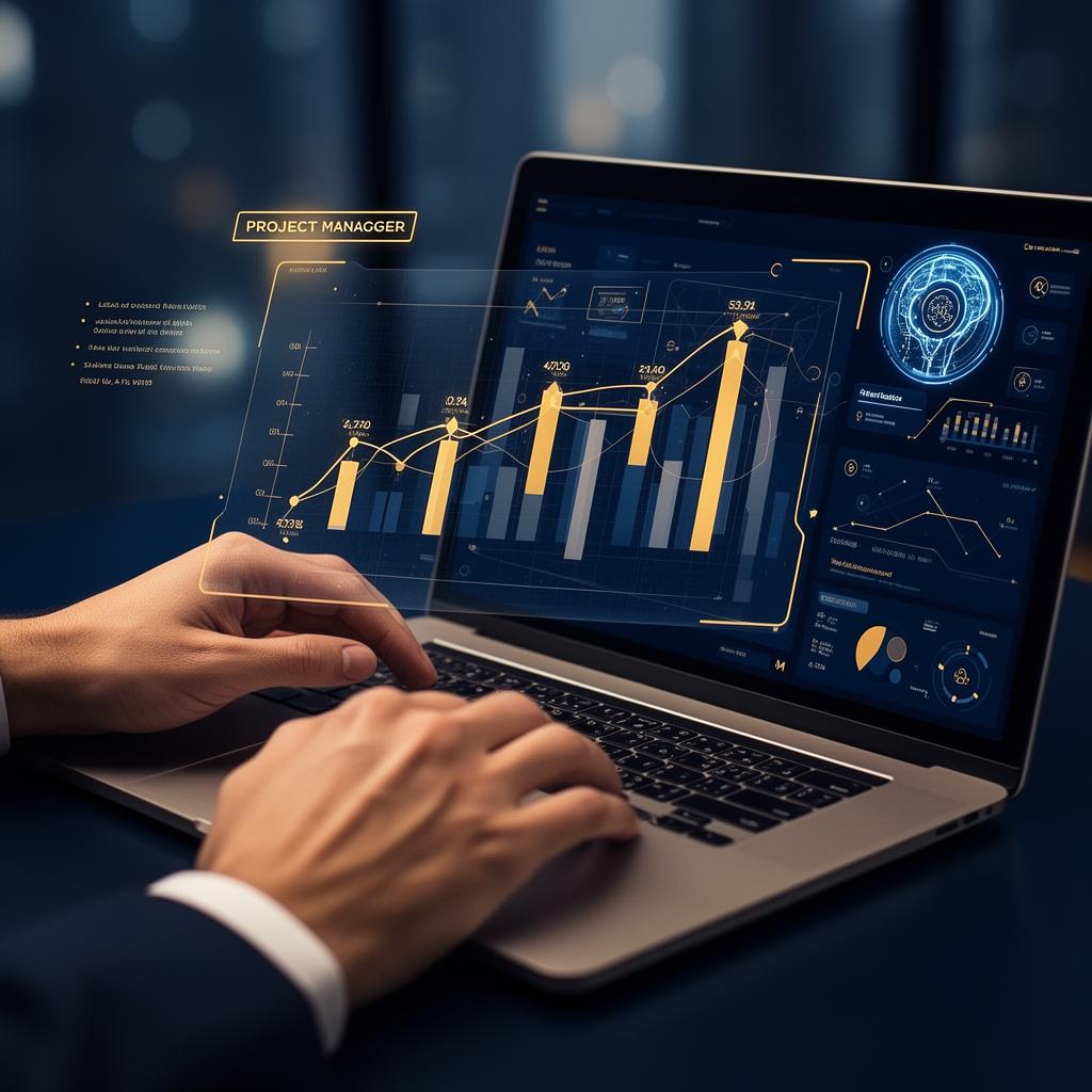 Project manager working with AI-powered analytics dashboard